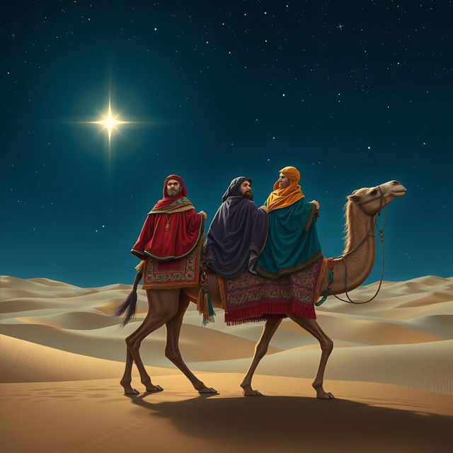 Three wise men riding on a majestic camel through a desert landscape under a starry night sky