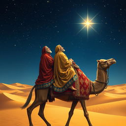Three wise men riding on a majestic camel through a desert landscape under a starry night sky