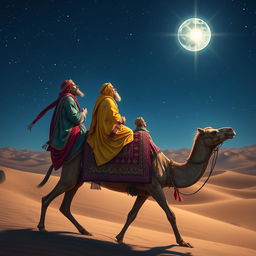 Three wise men riding on a majestic camel through a desert landscape under a starry night sky