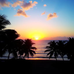 A breathtaking sunrise scene over a calm ocean, where the sun rises above the horizon, painting the sky in vibrant shades of orange, pink, and light blue