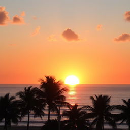 A breathtaking sunrise scene over a calm ocean, where the sun rises above the horizon, painting the sky in vibrant shades of orange, pink, and light blue