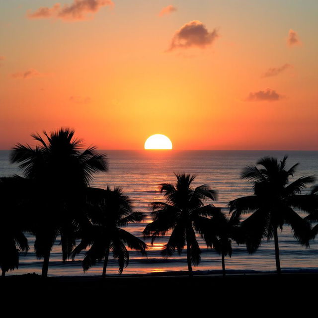 A breathtaking sunrise scene over a calm ocean, where the sun rises above the horizon, painting the sky in vibrant shades of orange, pink, and light blue