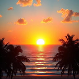 A breathtaking sunrise scene over a calm ocean, where the sun rises above the horizon, painting the sky in vibrant shades of orange, pink, and light blue