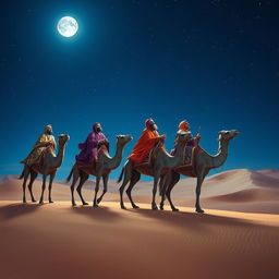 Three wise men riding on three majestic camels through a vast desert landscape under a starry night sky