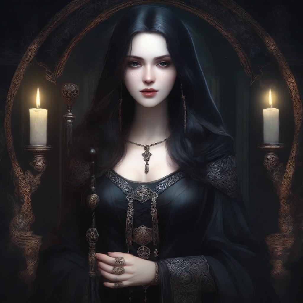 A digital art image of a beautiful, pale-skinned woman wizard with dark hair and scars, embodying an elegant gothic aesthetic