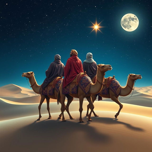 Three wise men riding on three majestic camels through a vast desert landscape under a starry night sky