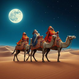Three wise men riding on three majestic camels through a vast desert landscape under a starry night sky
