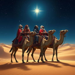 Three wise men riding on three majestic camels through a vast desert landscape under a starry night sky