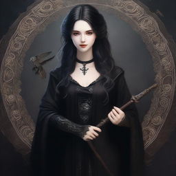 A digital art image of a beautiful, pale-skinned woman wizard with dark hair and scars, embodying an elegant gothic aesthetic