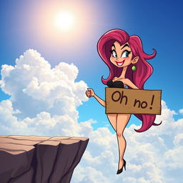 A sexy toon woman with exaggerated curves and playful features, standing confidently at the edge of a cliff