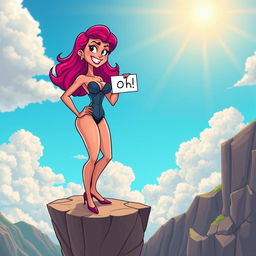 A sexy toon woman with exaggerated curves and playful features, standing confidently at the edge of a cliff