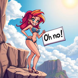A sexy toon woman with exaggerated curves and playful features, standing confidently at the edge of a cliff