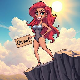 A sexy toon woman with exaggerated curves and playful features, standing confidently at the edge of a cliff