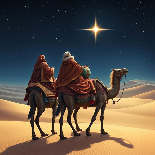 Three wise men riding on separate majestic camels as they journey towards the East, gazing up at a bright star in the night sky