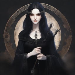 A digital art image of a beautiful, pale-skinned woman wizard with dark hair and scars, embodying an elegant gothic aesthetic