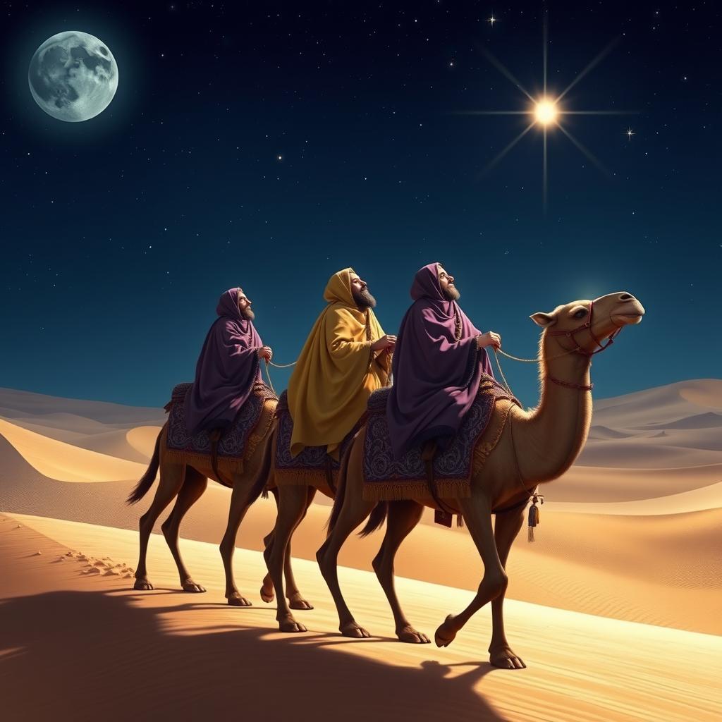 Three wise men riding on separate majestic camels as they journey towards the East, gazing up at a bright star in the night sky