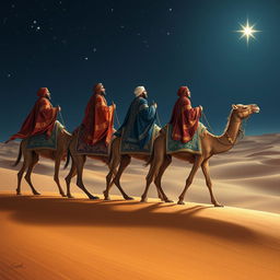 Three wise men riding on separate majestic camels as they journey towards the East, gazing up at a bright star in the night sky