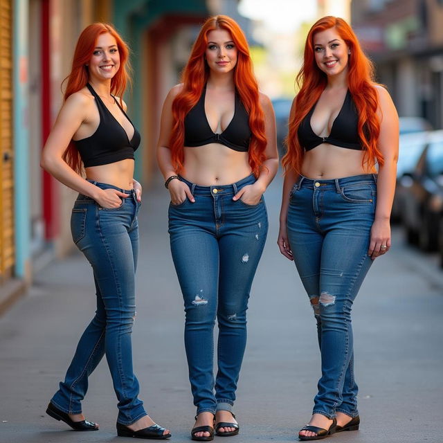 Three full-length photos of a beautiful, sexy girl with long flame red hair and bright makeup