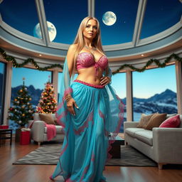 A full-body image of a beautiful 55-year-old mature woman with Venezuelan features, dressed in a sexy Arabian belly dance outfit in translucent sky blue with pink details