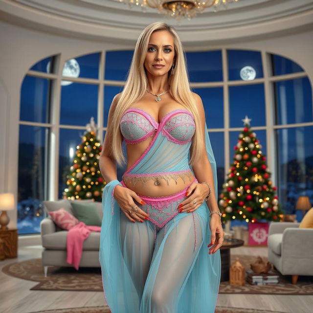 A full-body image of a beautiful 55-year-old mature woman with Venezuelan features, dressed in a sexy Arabian belly dance outfit in translucent sky blue with pink details