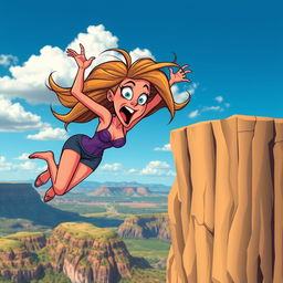 A sexy cartoon woman with exaggerated features, featuring vibrant colors and a playful style, falling off a cliff