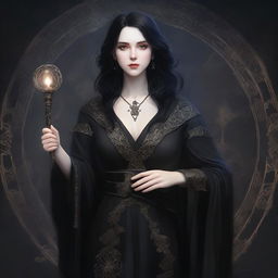 A digital art image of a beautiful, pale-skinned woman wizard with dark hair and scars, embodying an elegant gothic aesthetic