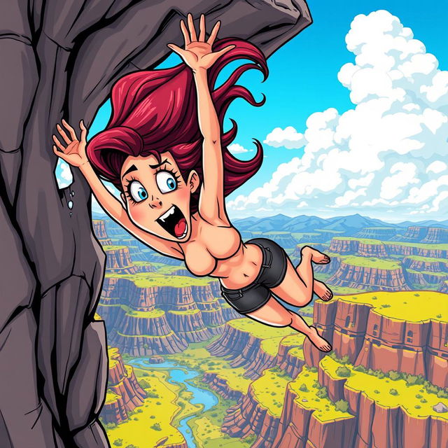 A sexy cartoon woman with exaggerated features, featuring vibrant colors and a playful style, falling off a cliff