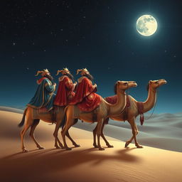 Three wise kings riding on their camels journeying towards the East under a star-filled night sky