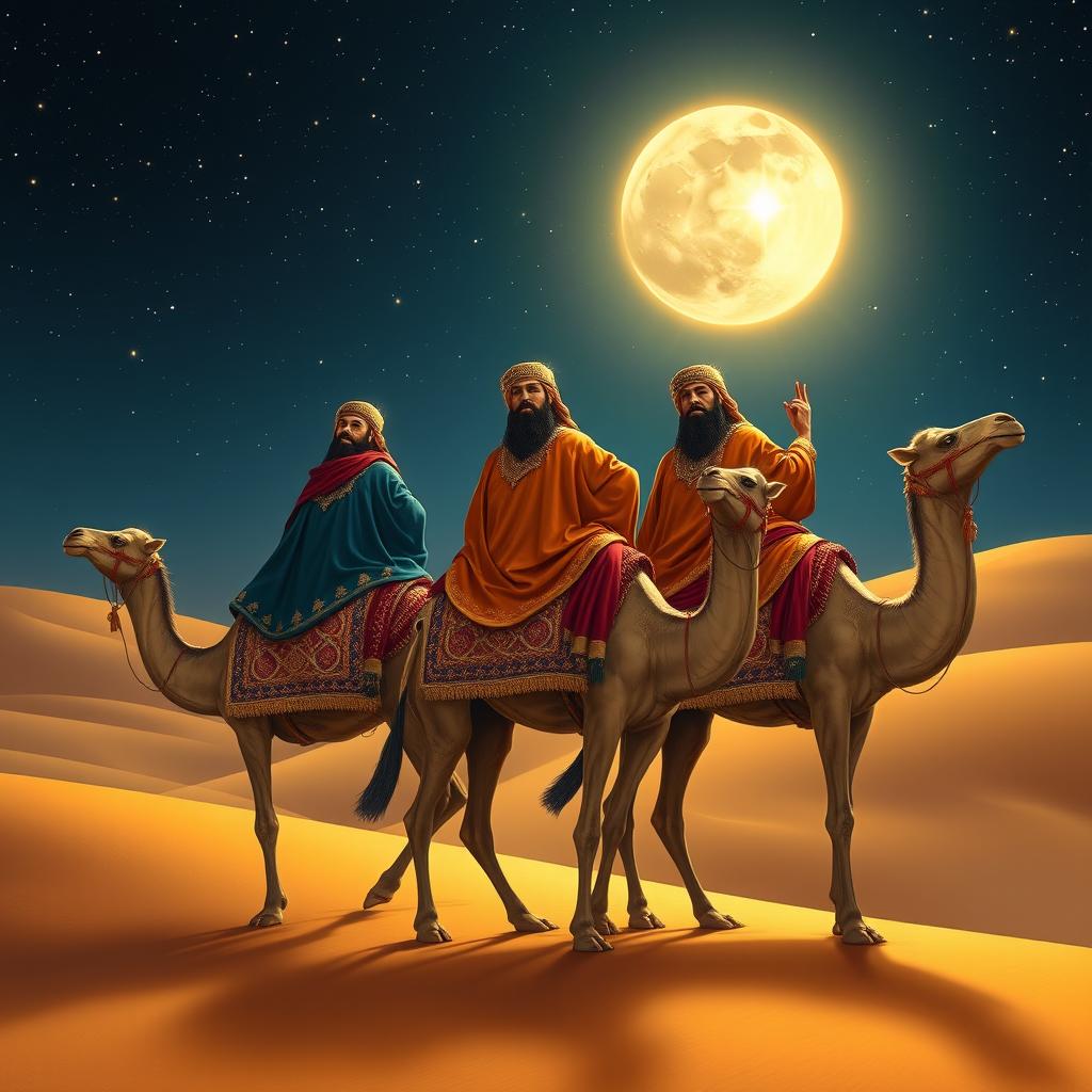 Three wise kings riding on their camels journeying towards the East under a star-filled night sky