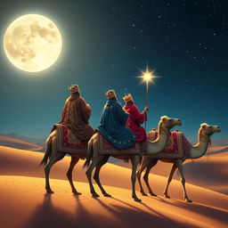 Three wise kings riding on their camels journeying towards the East under a star-filled night sky