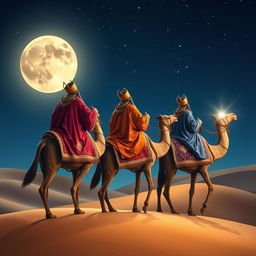 Three wise kings riding on their camels journeying towards the East under a star-filled night sky