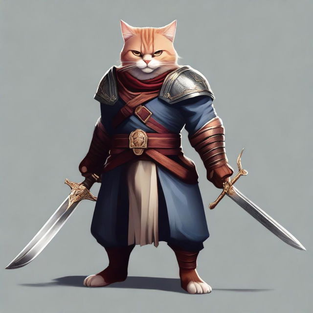 A semi-realistic digital art image of a Cat Man Warrior with a muscular build, clad in traditional warrior attire and armed with a sword