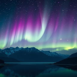 A breathtaking view of the aurora borealis illuminating a starry night sky over a serene landscape, featuring majestic mountains in the background and a tranquil lake reflecting the vibrant colors of green, purple, and blue