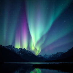 A breathtaking view of the aurora borealis illuminating a starry night sky over a serene landscape, featuring majestic mountains in the background and a tranquil lake reflecting the vibrant colors of green, purple, and blue