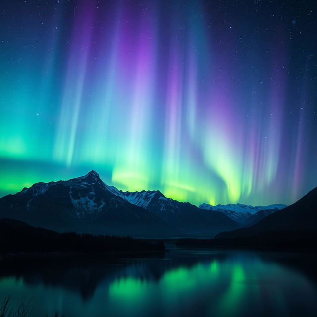 A breathtaking view of the aurora borealis illuminating a starry night sky over a serene landscape, featuring majestic mountains in the background and a tranquil lake reflecting the vibrant colors of green, purple, and blue