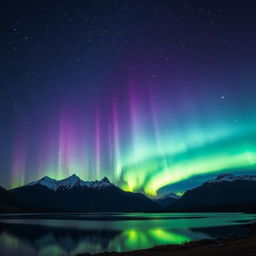 A breathtaking view of the aurora borealis illuminating a starry night sky over a serene landscape, featuring majestic mountains in the background and a tranquil lake reflecting the vibrant colors of green, purple, and blue
