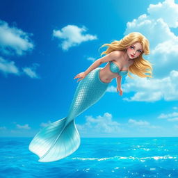 A beautiful blonde mermaid with flowing hair, tears streaming down her face as she gracefully falls from a vivid blue sky toward the sparkling ocean below