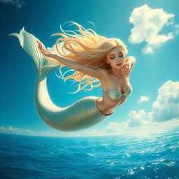 A beautiful blonde mermaid with flowing hair, tears streaming down her face as she gracefully falls from a vivid blue sky toward the sparkling ocean below