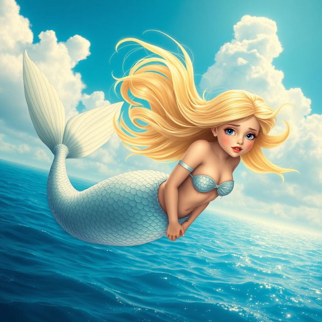 A beautiful blonde mermaid with flowing hair, tears streaming down her face as she gracefully falls from a vivid blue sky toward the sparkling ocean below