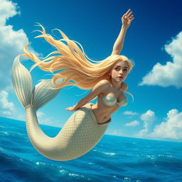 A beautiful blonde mermaid with flowing hair, tears streaming down her face as she gracefully falls from a vivid blue sky toward the sparkling ocean below