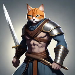 A semi-realistic digital art image of a Cat Man Warrior with a muscular build, clad in traditional warrior attire and armed with a sword