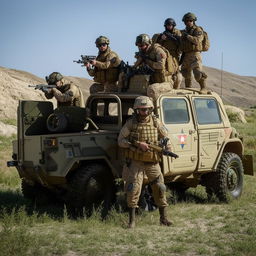 5 combatants in military fatigue, armed with assault rifles, missile launcher and radio in a rugged terrain vehicle