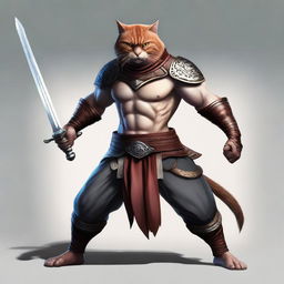 A semi-realistic digital art image of a Cat Man Warrior with a muscular build, clad in traditional warrior attire and armed with a sword