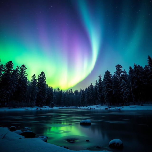 A breathtaking aurora display over a tranquil winter landscape, with vibrant greens and purples dancing across the night sky