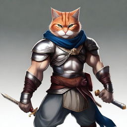 A semi-realistic digital art image of a Cat Man Warrior with a muscular build, clad in traditional warrior attire and armed with a sword