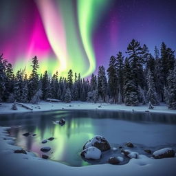 A breathtaking aurora display over a tranquil winter landscape, with vibrant greens and purples dancing across the night sky