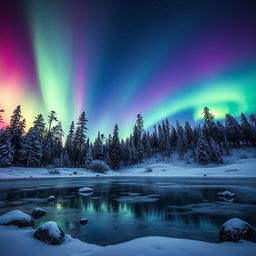 A breathtaking aurora display over a tranquil winter landscape, with vibrant greens and purples dancing across the night sky