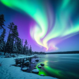 A breathtaking aurora display over a tranquil winter landscape, with vibrant greens and purples dancing across the night sky