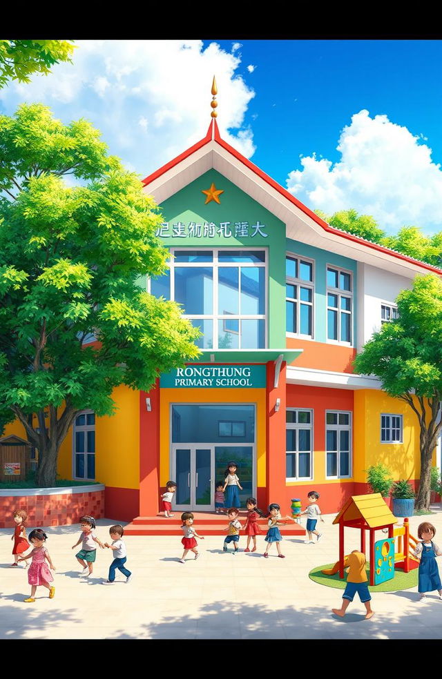 An artistic representation of Rongthung Primary School, featuring a vibrant and welcoming exterior with colorful walls, playful schoolyard, and creative playground equipment