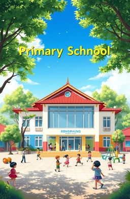 An artistic representation of Rongthung Primary School, featuring a vibrant and welcoming exterior with colorful walls, playful schoolyard, and creative playground equipment